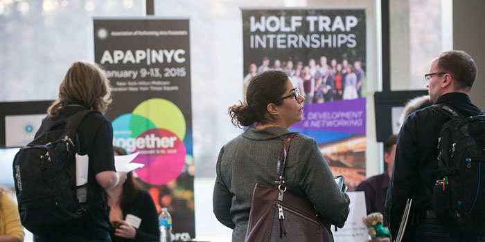 "Students meet with recruiters from more than 25 national and regional arts, entertainment and media employers based in the DC metro region at the Arts in the Real World Internship and Career Fair. Photo by Evan Cantwell/George Mason University"