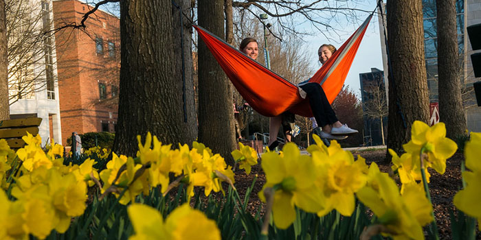 "Students hanging out in a hammock with Spring flowers. Photo by Evan Cantwell/Creative Services/George Mason University"